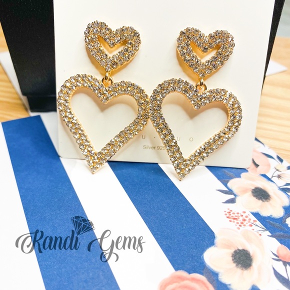 Gold / Silver Double Heart Rhinestone Earrings - Picture 6 of 8